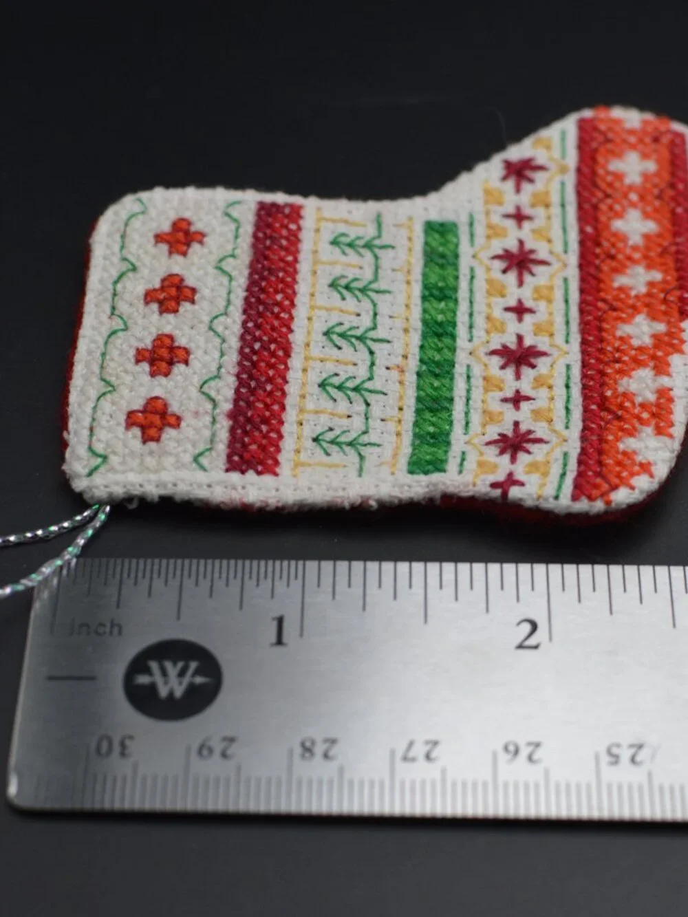 Cross Stitch Homemade Stocking Ornament - Red Stripes